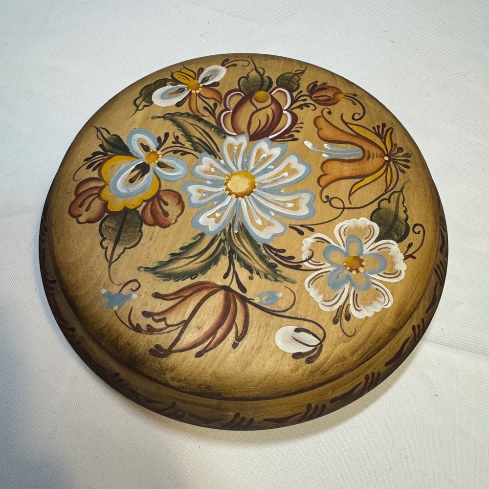 Vintage Hand Painted Wooden Trinket Box Round Floral Folk Art Mountain Landscape